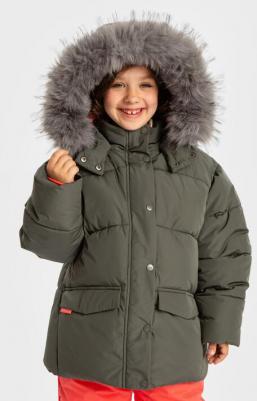 Куртка зимняя с капюшоном с мехом и принтом лапки хаки, 104, 224BBGMC4104