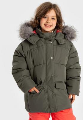 Куртка зимняя с капюшоном с мехом и принтом лапки хаки, 110, 224BBGMC4104 – фото 7