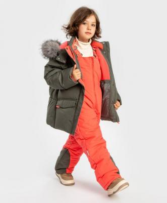 Куртка зимняя с капюшоном с мехом и принтом лапки хаки, 128, 224BBGMC4104 – фото 5