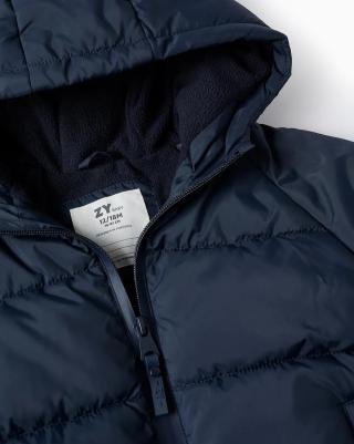 Детский стеганый пуховик с капюшоном, подкладка из флиса, темно-синий – фото 1