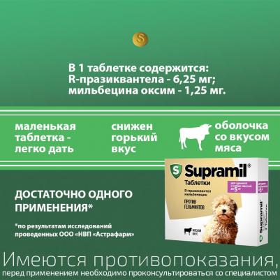 SUPRAMIL до 5 кг 2 таблетки с мясным вкусом против гельминтов для щенков и собак – фото 7