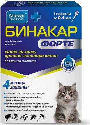 капли от блох и клещей Бинакар Форте для кошек и котят р-р д/нар. прим. для собак и кошек 4 шт. в уп., 1 уп