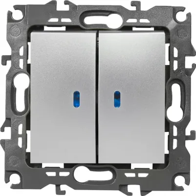 12-1105-03 12-1105-03 Выключатель двойной с подсветкой, 10АХ-250В, IP20, Эра12, алюминий, цена за 1 шт – фото 1