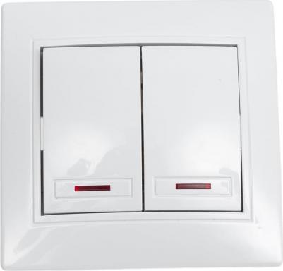 1-105-01 Выключатель Plano 1-105-01 двухклавишный с подсветкой, 10А-250В, IP20, СУ, Plano, белый, цена за 1 шт – фото 2