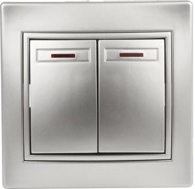 1-105-03 Выключатель Plano 1-105-03 двухклавишный с подсветкой, 10А-250В, IP20, СУ, алюминий, цена за 1 шт