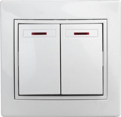 1Э-105-01 1Э-105-01 Выключатель двойной с подсветкой, 10А-250В, СУ, б.л., Plano, белый, цена за 1 шт – фото 1