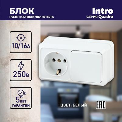 2-701-01 Блок розетка с выключателем Quadro 2-701-01 горизонтальный 10А-250В, IP20, ОУ, белый, цена за 1 шт