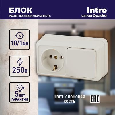 2-701-02 Блок розетка с выключателем Quadro 2-701-02 горизонтальный 10А-250В, IP20, ОУ, слоновая кость, цена за 1 шт – фото 1