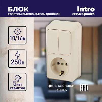 2-706-02 Блок розетка с выключателем Quadro 2-706-02 двойным вертикальный 10А-250В, IP20, ОУ, слоновая кость, цена за 1 шт
