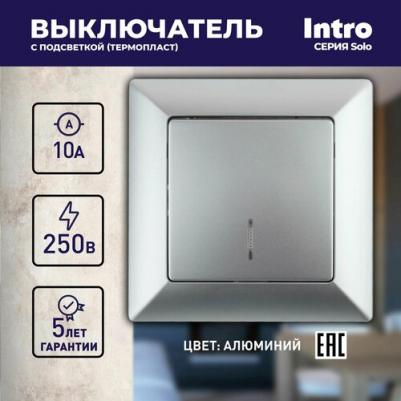 4-102-03 Выключатель Solo 4-102-03 одноклавишный с подсветкой, 10А-250В, IP20, СУ, алюминий, цена за 1 шт