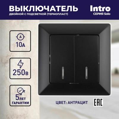 4-105-05 Выключатель Solo 4-105-05 двухклавишный с подсветкой, 10А-250В, IP20, СУ, Solo, антрацит, цена за 1 шт – фото 1