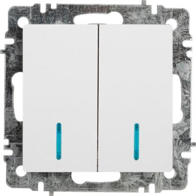 6-105-01 Выключатель Accent 6-105-01 двойной с подсветкой, 10А-250В, IP20, СУ, AL/CU, белый, цена за 1 шт
