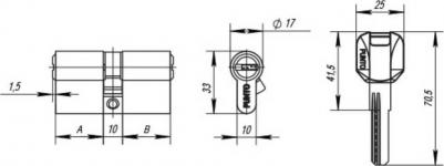Цилиндровый механизм Z400/70 mm (30+10+30) PB латунь, 5 ключей – фото 1