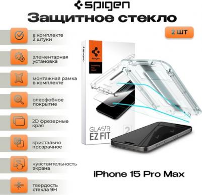 Защитное стекло EZ FIT, AGL06872, 2 штуки, для iPhone 15 Pro Max Clear – фото 1