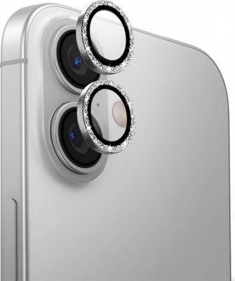 Стекло для камеры iPhone 16/16 Plus OPTIX Lens с алюминиевой оправой, блестящий белый